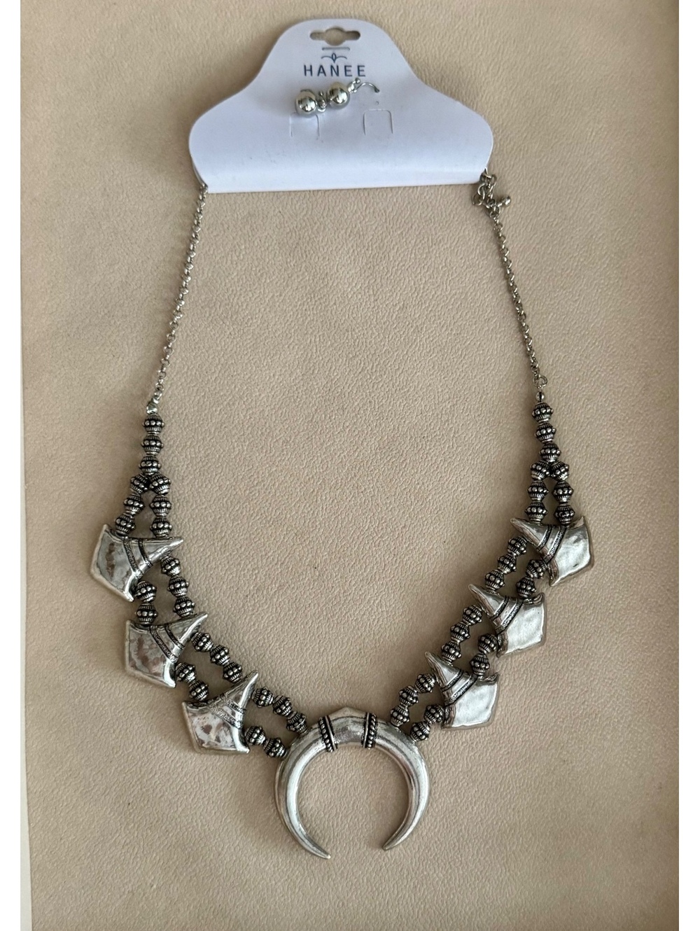 HANEE Silver Tone Crescent Horn Boho Statement Necklace NWT